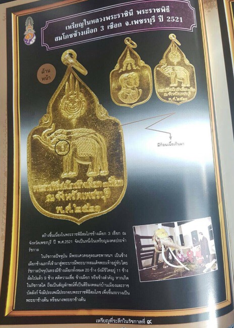 เหรียญในหลวง พระราชินี สมโภชช้างเผือก 3 เชือก เพชรบุรี ปี พ.ศ.2521 เนื้อเงิน บล็อคทองคำนิยม หูช้างมี