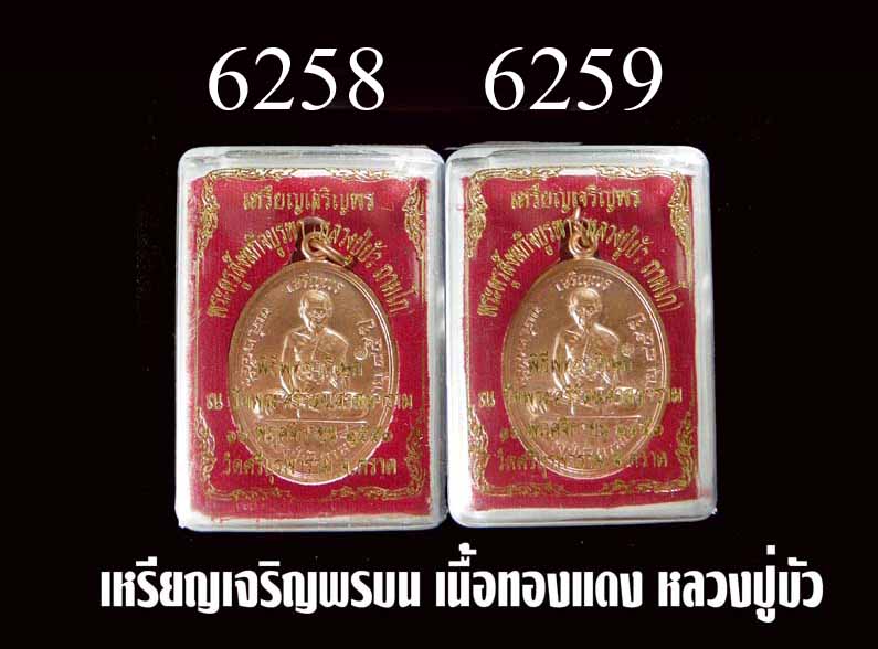 เหรียญทองแดงเจริญพรบนหลวงปู่บัว พุทธาภิเษกเดี่ยววัดพระแก้ว 2 เหรียญเบอร์เรียงกัน 6258 6259 เคาะเดียว