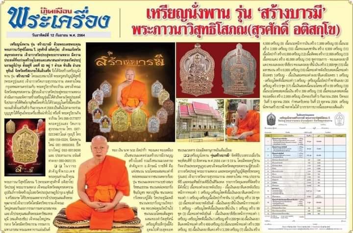 เหรียญนั่งพานสร้างบารมี พระมหาสุรศักดิ์ วัดประดู่ สมุทรสงคราม ปี2564 เนื้อนวะโลหะ เลข898+กล่อง+บัตร