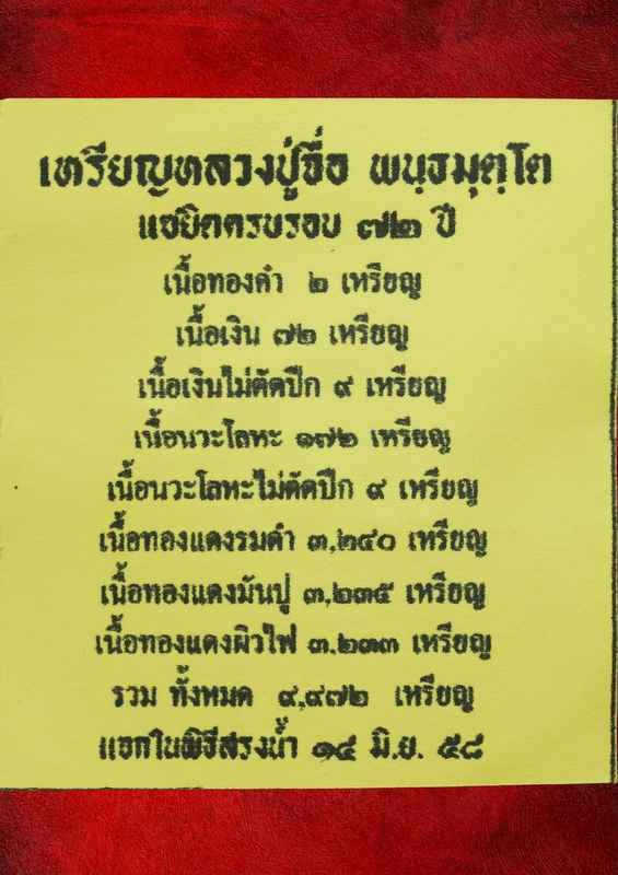 หลวงปู่จื่อ พฺนธมุตโต รุ่นสรงน้ำ แซยิดครบ ๖ รอบ ๗๒ ปี เนื้อทอแดง ปี ๒๕๕๘ - 3