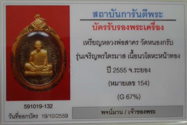 เหรียญเจริญพร ไตรมาส55(ฟ้าผ่า) หลวงพ่อสาคร เนื้อนวโลหะองค์ทองคำพร้อมเลี่ยมทอง - 5