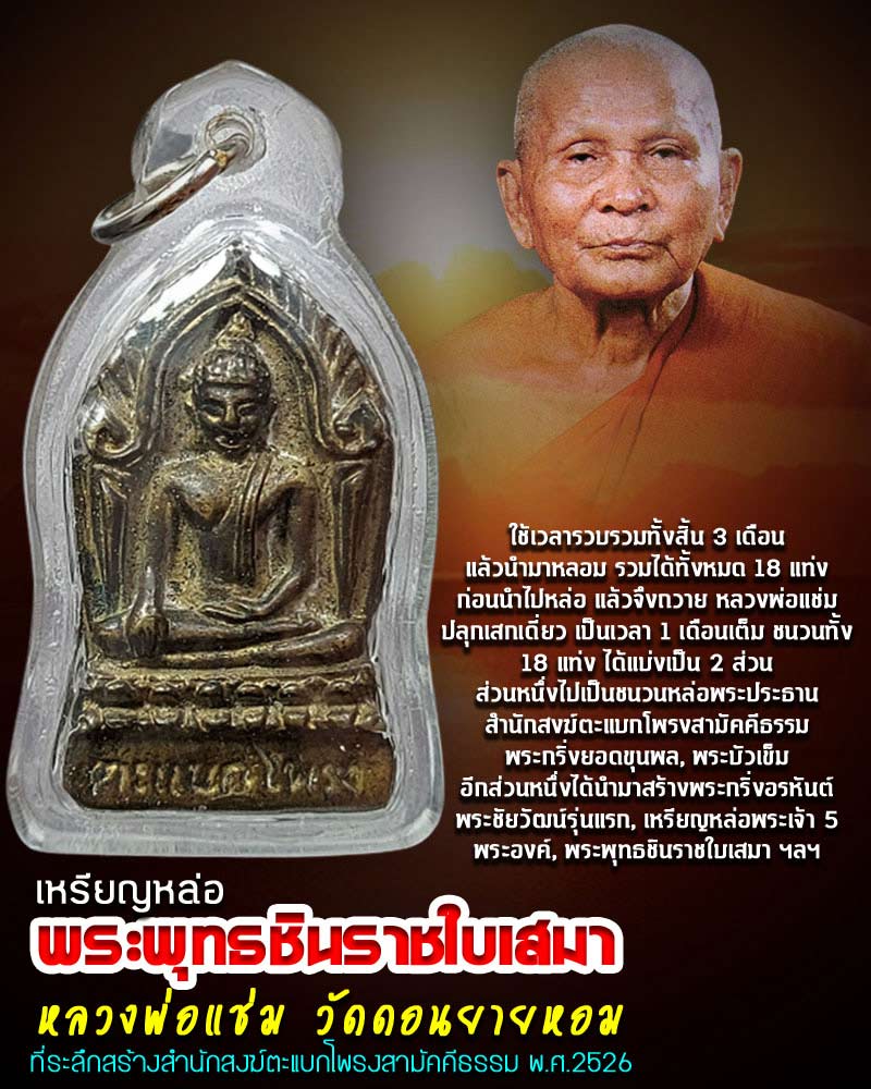 เหรียญหล่อ พระพุทธชินราชใบเสมา หลวงพ่อแช่ม วัดดอนยายหอม ปี 2526 - 1